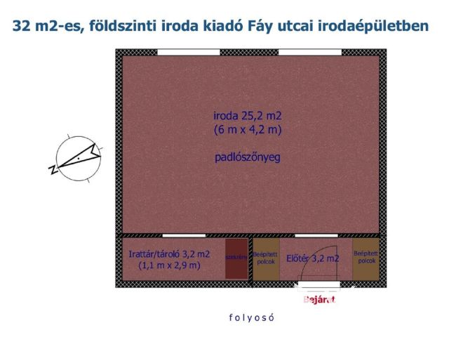 32 m2-es, földszinti iroda kiadó Fáy utcai irodaépületben